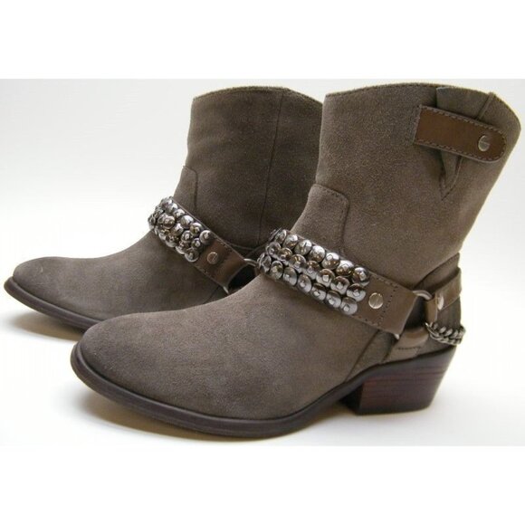 GIANNI BINI TAUPE METAL HARNESS COWGIRL SHORT SUEDE LEATHER BIKER WESTERN BOOT - Picture 1 of 15